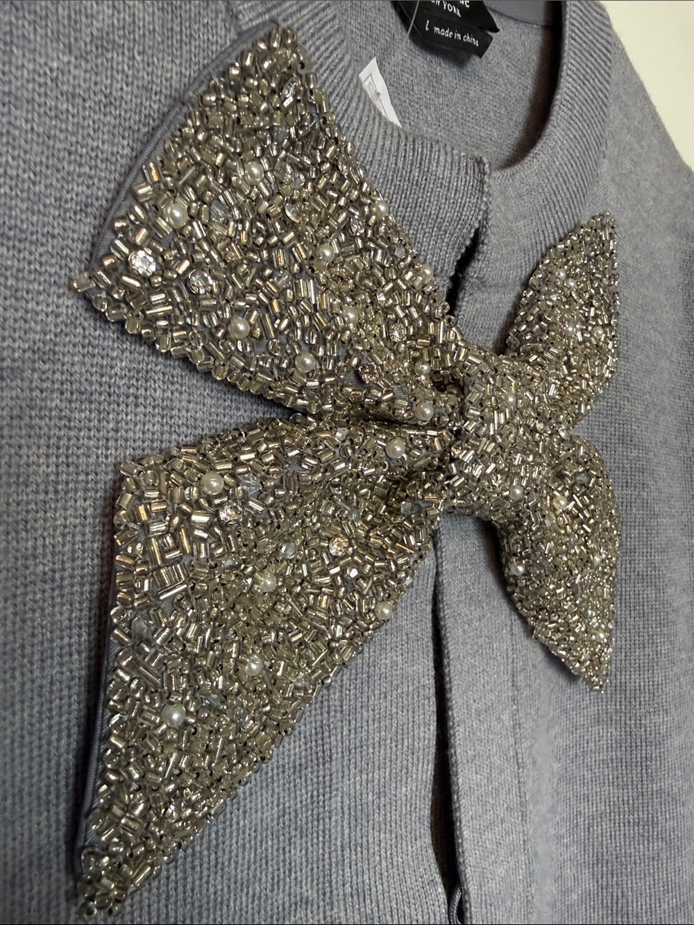 Kate Spade New York Gray Wool Cardigan with Removable Sequin Bow - L - Picture 3 of 9